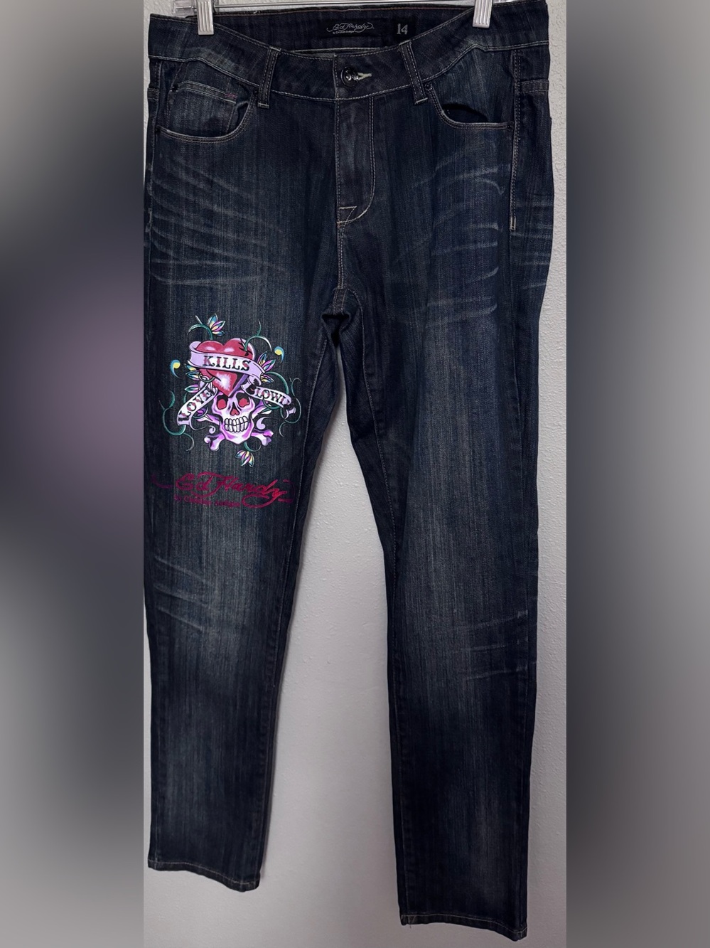 Ed Hardy Women's Straight Leg Jeans with Skull Floral Graphic - Dark Wash